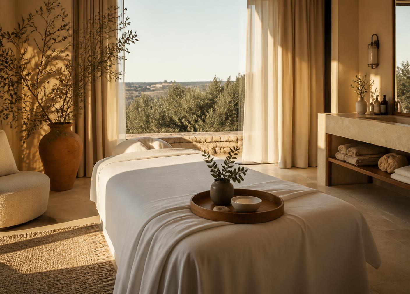 Table de massage installée dans une suite d'hôtel lumineuse