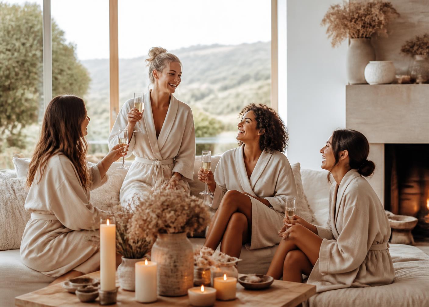 Groupe d'amies en peignoir profitant d'un moment bien-être dans une villa